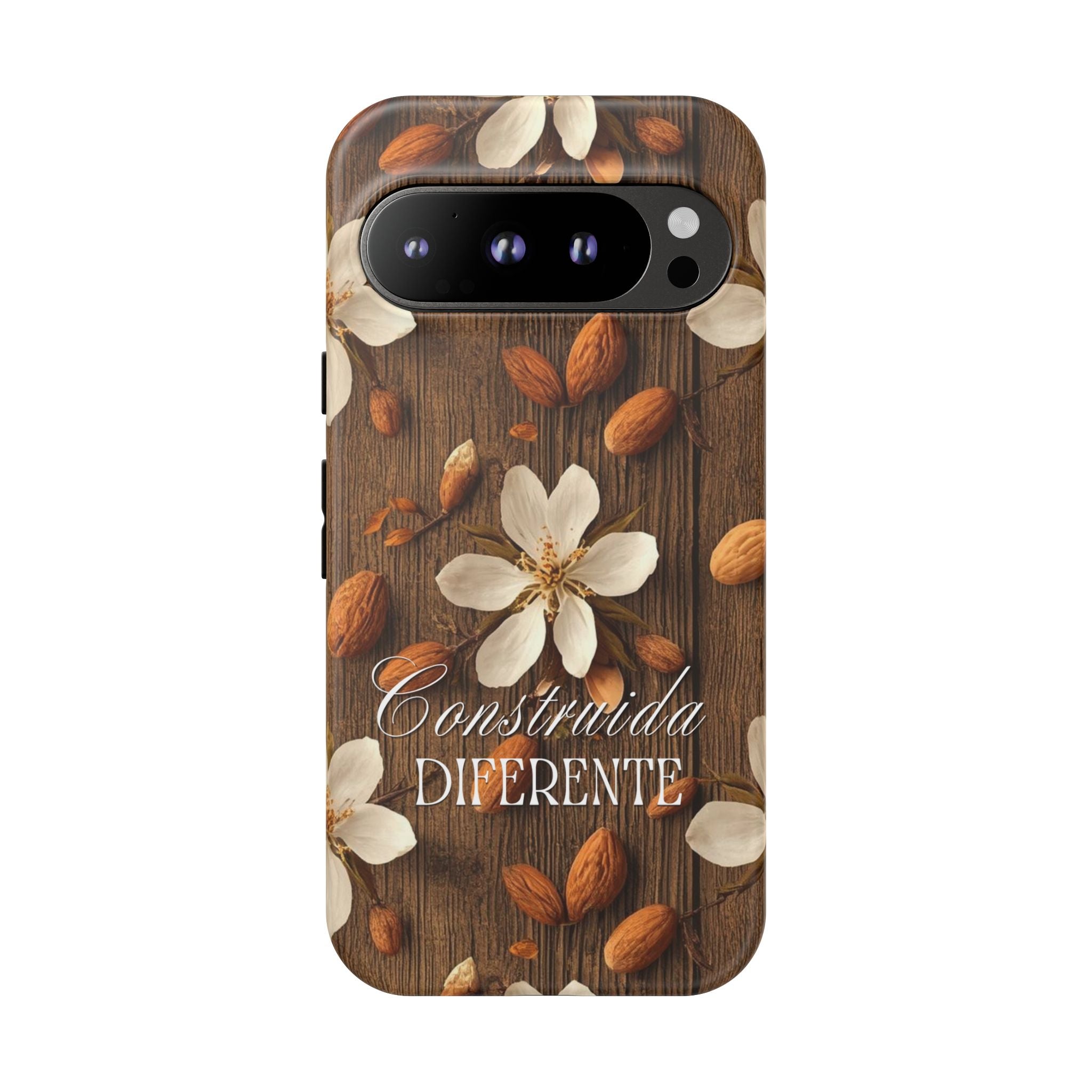 Phone Case — Floral Almond Wood Design with "Construida Diferente"