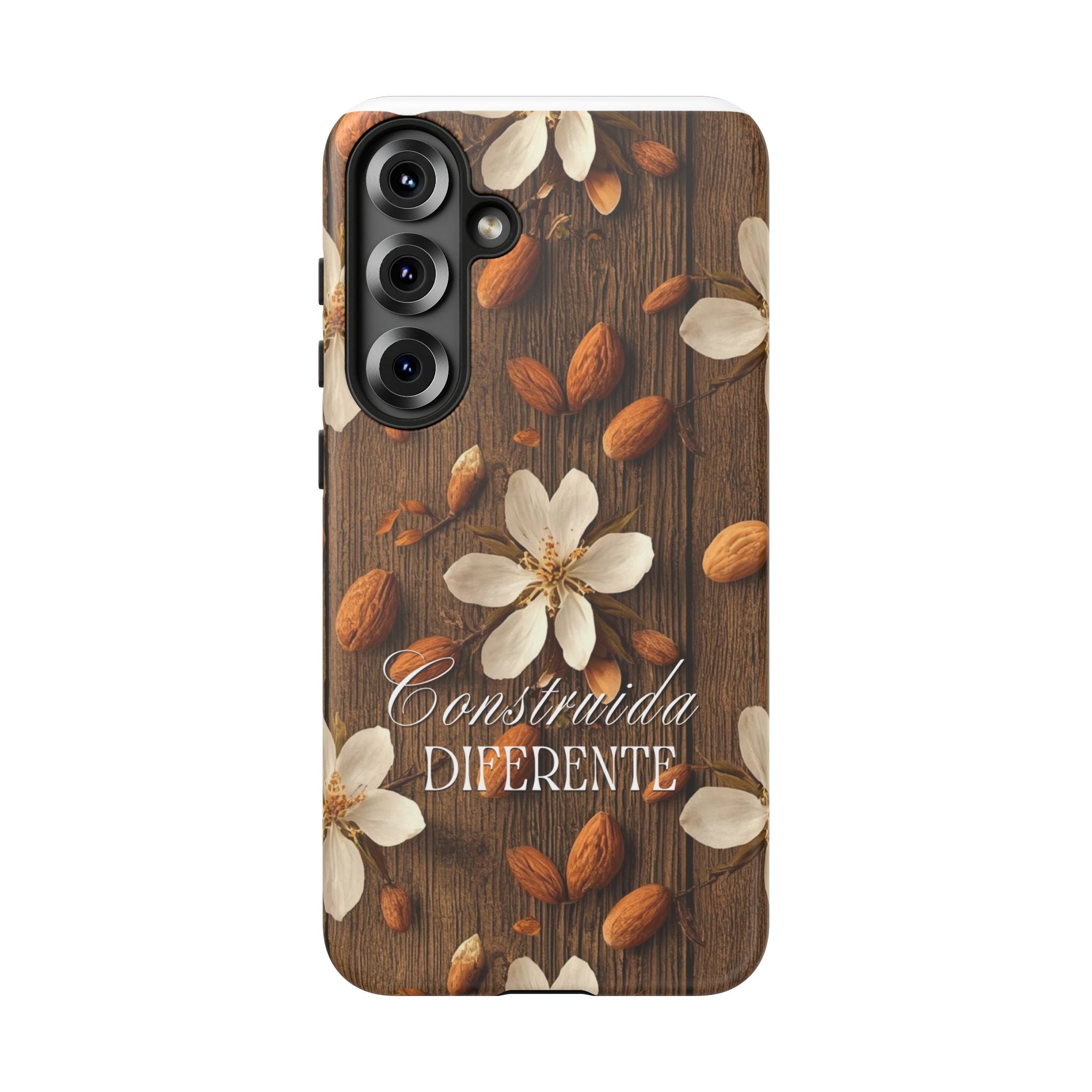 Phone Case — Floral Almond Wood Design with "Construida Diferente"
