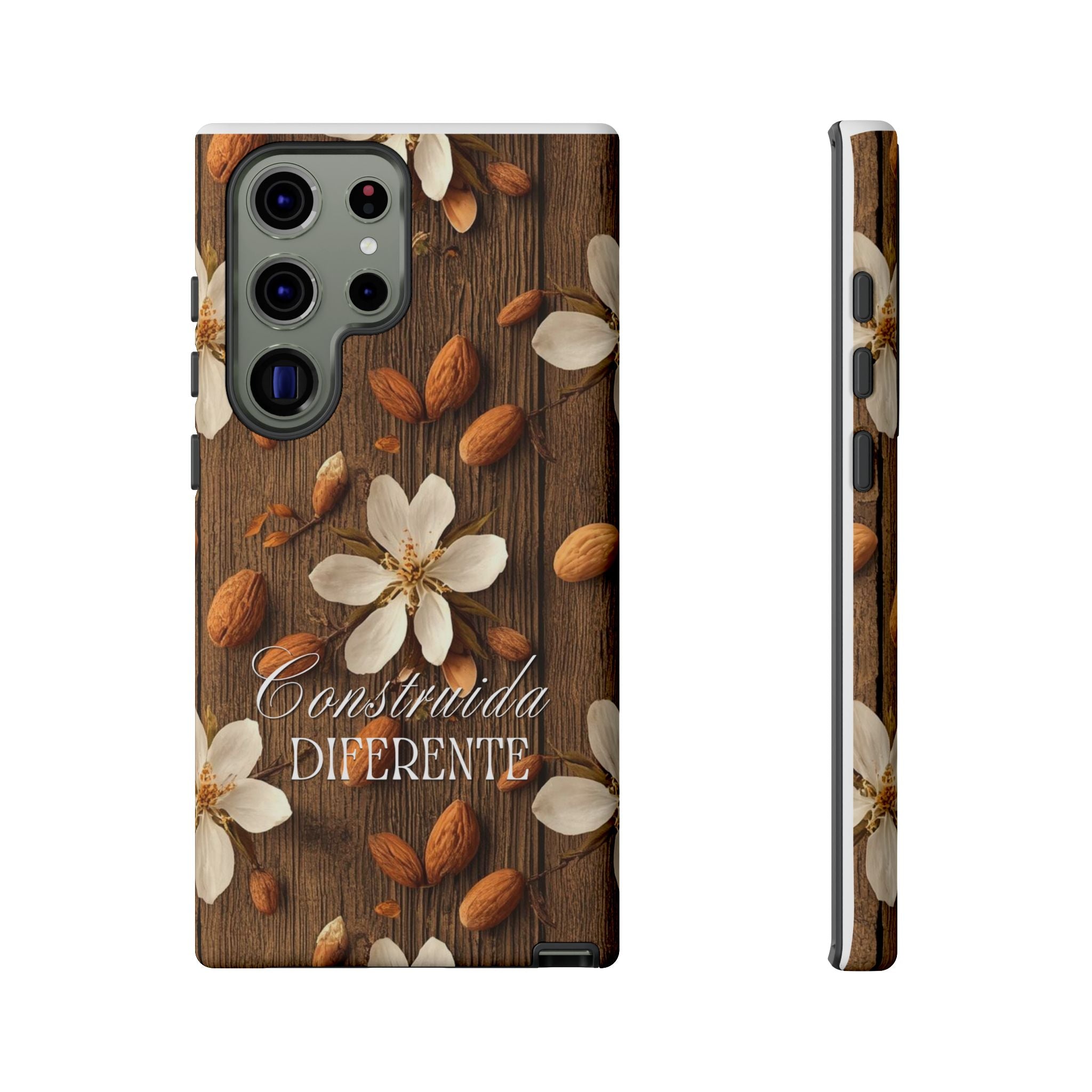 Phone Case — Floral Almond Wood Design with "Construida Diferente"