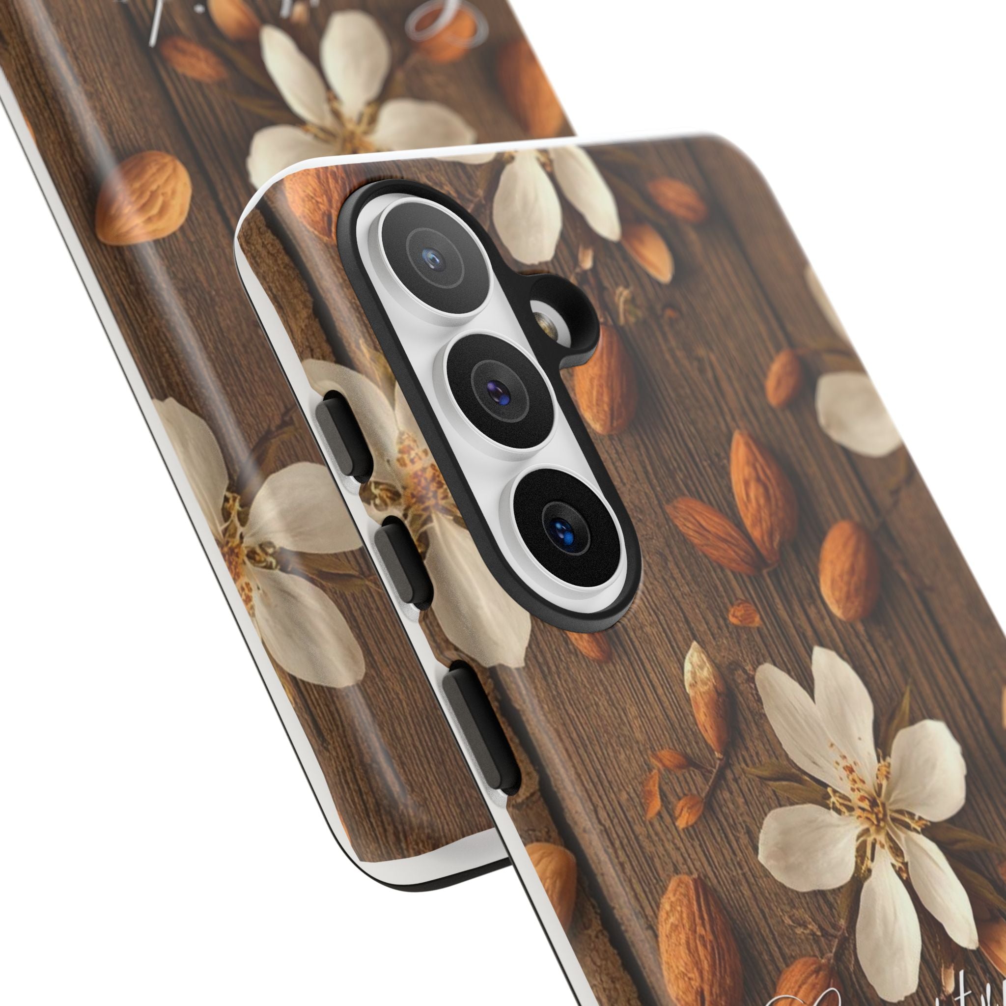 Phone Case — Floral Almond Wood Design with "Construida Diferente"