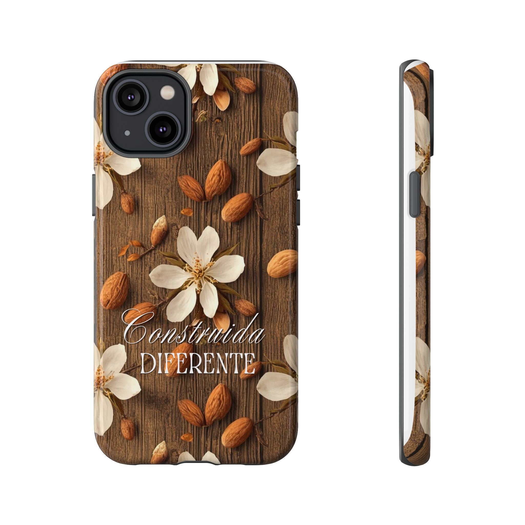 Phone Case — Floral Almond Wood Design with "Construida Diferente"