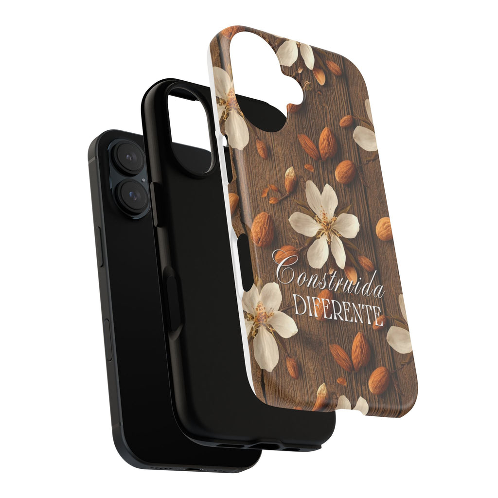 Phone Case — Floral Almond Wood Design with "Construida Diferente"