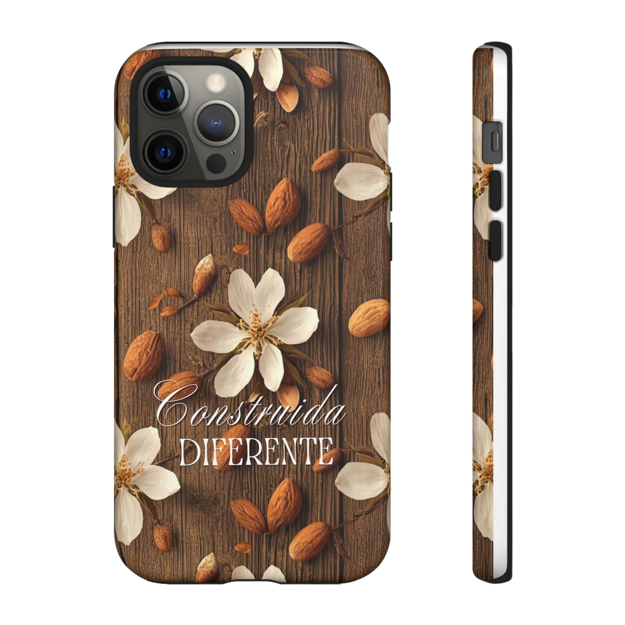 Phone Case — Floral Almond Wood Design with "Construida Diferente"