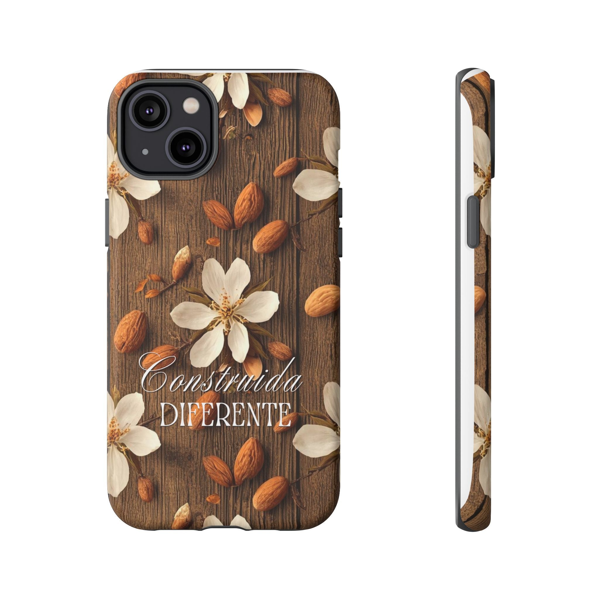 Phone Case — Floral Almond Wood Design with "Construida Diferente"