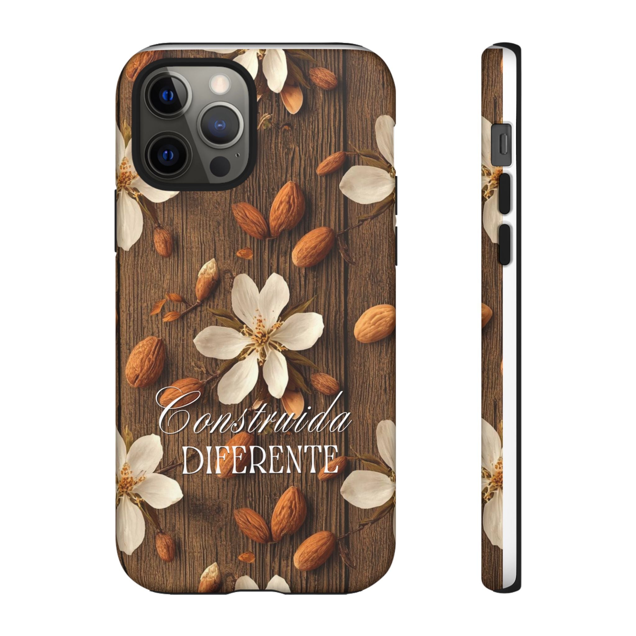Phone Case — Floral Almond Wood Design with "Construida Diferente"