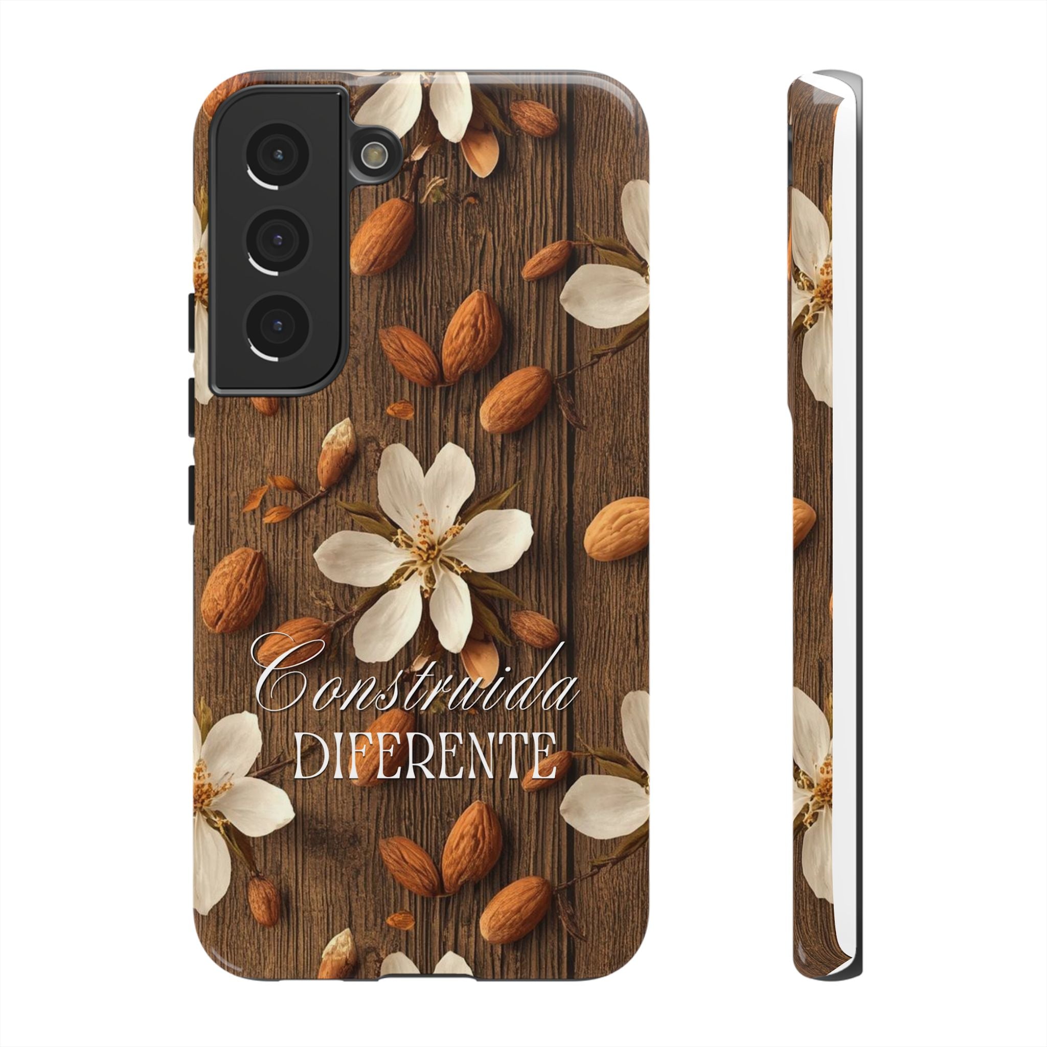 Phone Case — Floral Almond Wood Design with "Construida Diferente"